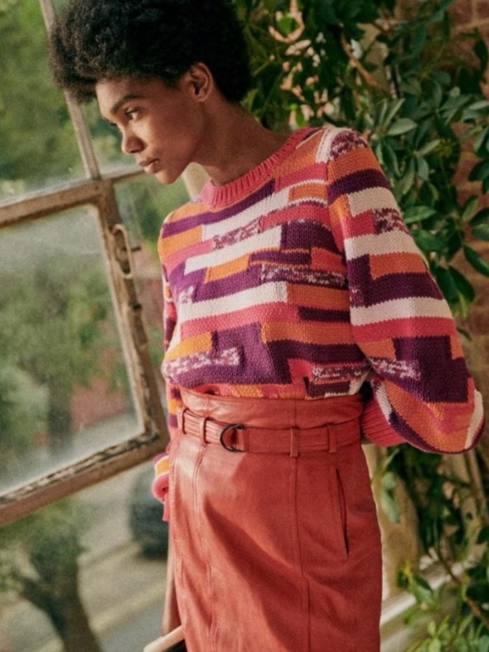 Sézane Chandler Sweater Striped Crewneck Fuschia Multico